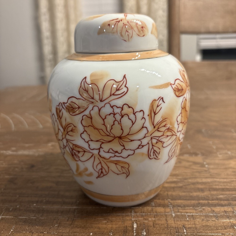 Vtg Japan Orange Floral Garden Ginger Jar w/lid
